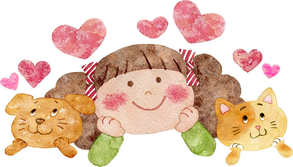 ワクワクしている女の子と動物たちの水彩イラスト