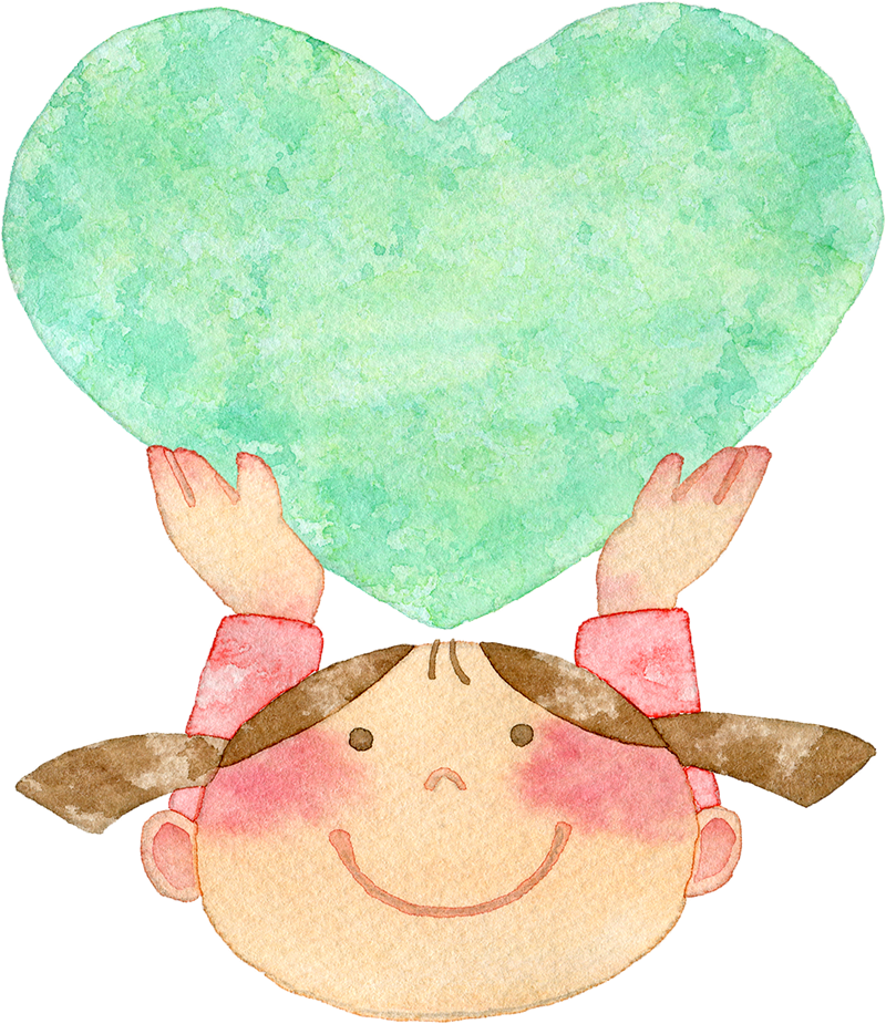 ④緑色のハートを持ち上げる女の子の水彩イラスト